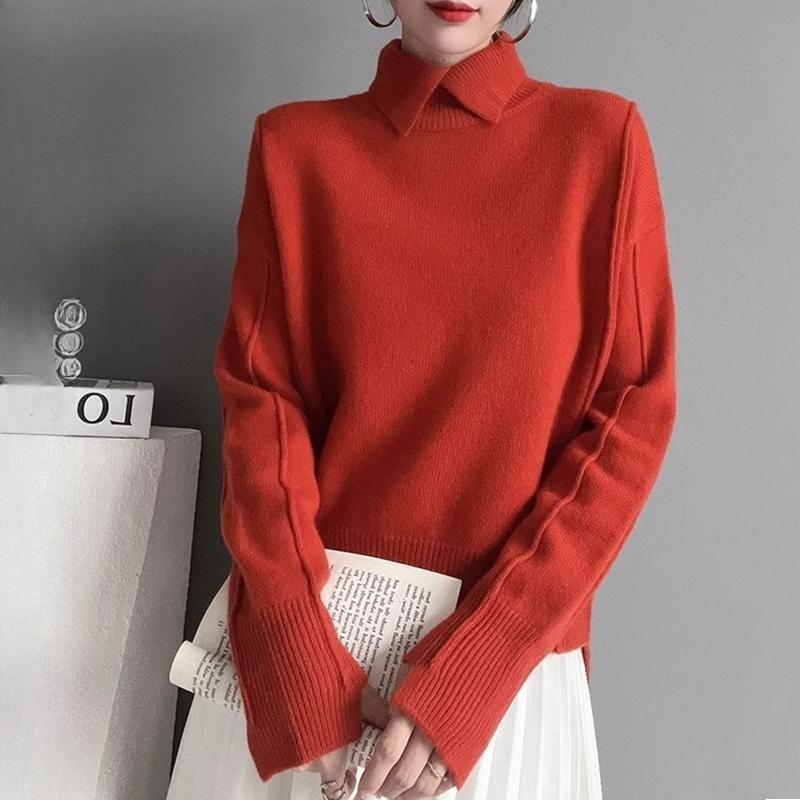 Women Blouse Solid Spring Turn Down Collar Sweater Loose Inner Wear Knit Wool Base Layer