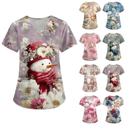 Women's Printing Uniform Work Uniform V-neck Pockets Basic Short Sleeve Pullover Top