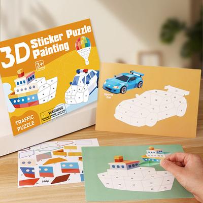 3D-Aufkleber-Puzzle Malbuch Feinmotorik Konzentrationstraining Tier Dinosaurier Fahrzeug Lernen Kinder Pädagogisch Geometrisches Aufkleber-Puzzle Malen