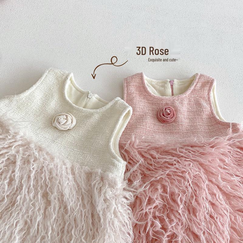 2025 New Winter Little Girls' French Chic Fleece-Lined Sleeveless Princess Dress