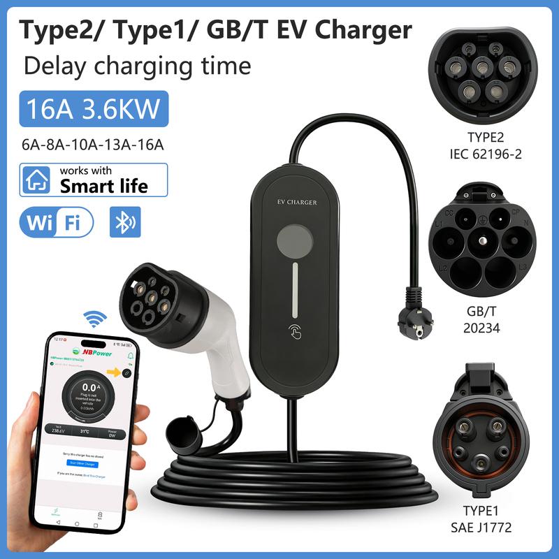 EV Charger Type2 16A 3.5kW Portable Charging Box 3.5M Cable GBT Socket Type1 J1772 Adapter for Electric Vehicle Car Charger 100V-240V EU Plug Type C