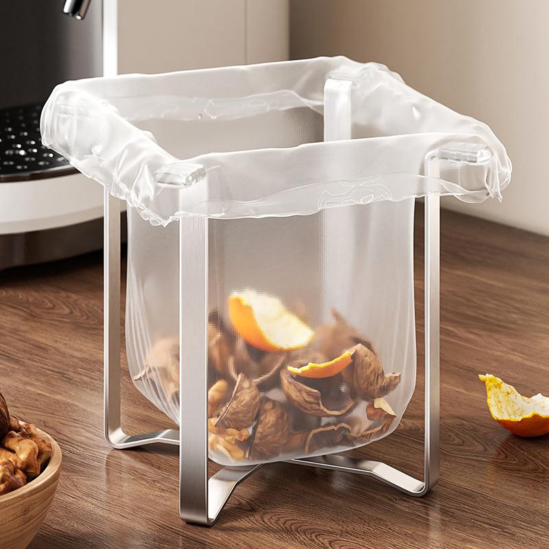 Stainless Steel Foldable Trash Bag Holder - Kitchen Countertop Garbage Bag Stand & Organizer