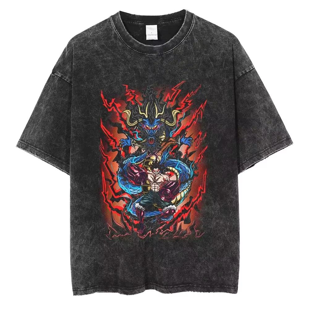 Nika Luffy Gear  ONE PIECE Anime Harajuku Retro Washed Tshirt  Cotton Men Streetwear Women Short Sleeves Unisex Top