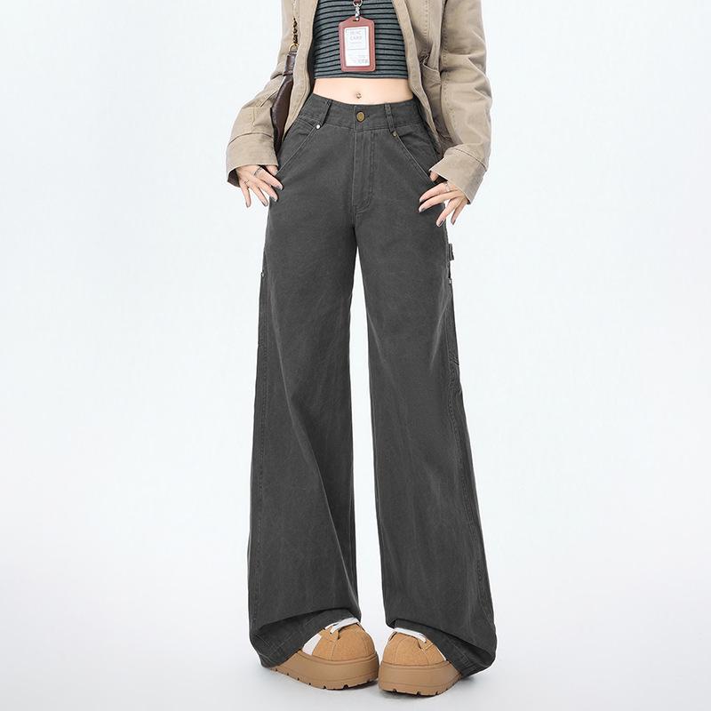 Jeans Larghi a Zampa Retro Khaki da Donna con Tasche Multiple per la Primavera