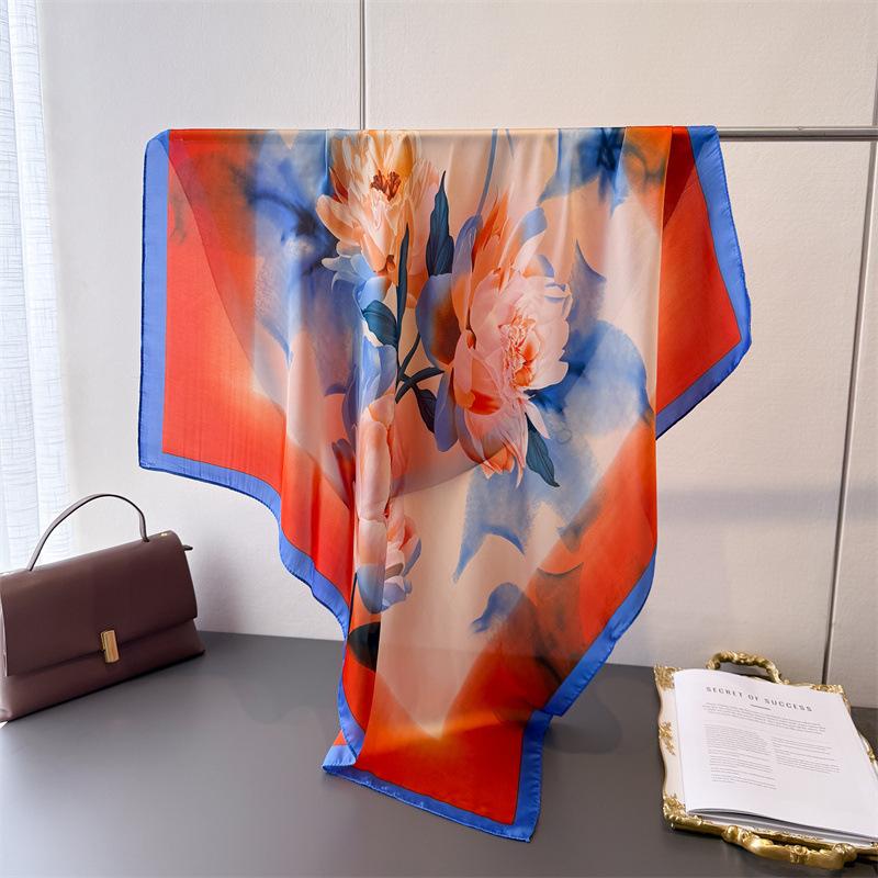 Korean Version of the New Simulated Silky Brocade Large Square Scarf Light Color Ye Yun Silk Scarf 91cm Printed Shawl Sunscreen Headscarf Women