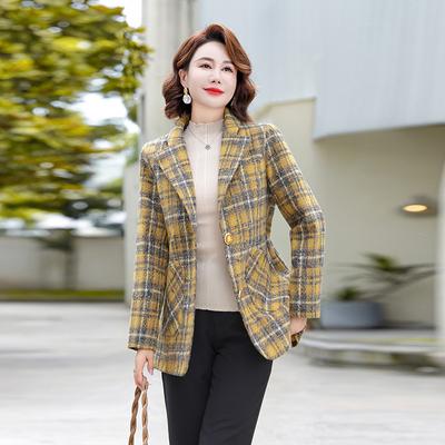 Middle Aged Mother Suit Coat Spring Autumn Fashion Plaid Woolen Jacket Large Size Elegant Women Blazer Outwear