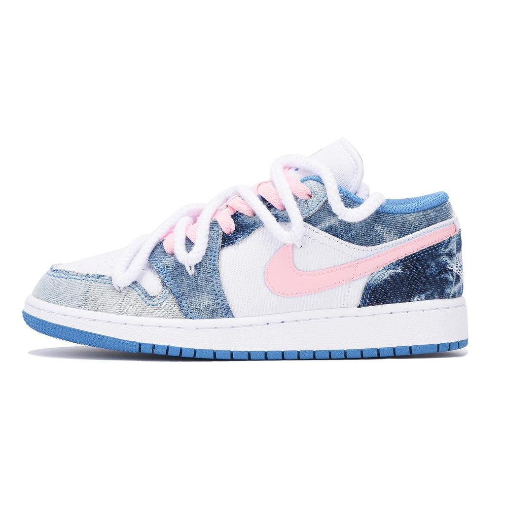 Jordan Air Jordan 1 Washed Denim Slip Resistant Abrasion Resistant Low top Vintage Basketball Shoes GS White Blue DM8947-100(Team265-SBOX)