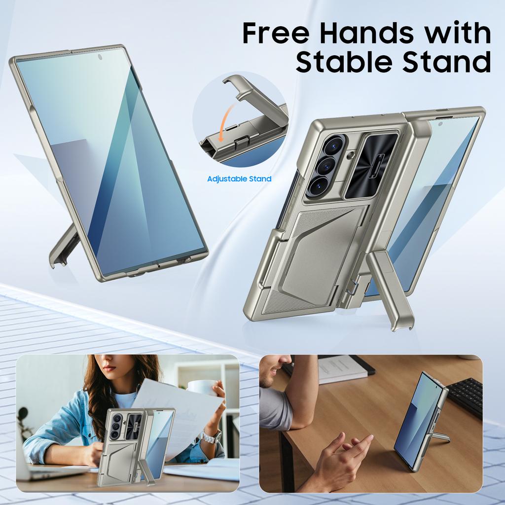 For Samsung Galaxy Fold 7 With Card Holder RFID Blocking,Built In Slide Lens Cover&Hinge Protection&Kickstand&Screen Protector,Wallet Case-Champagne