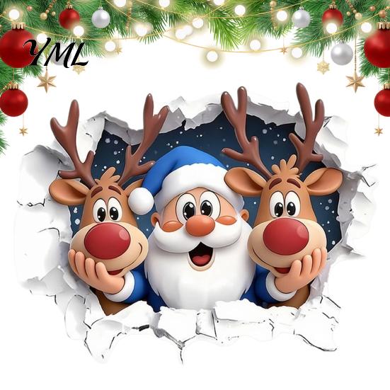 Creative Indoor Outdoor Ornaments Christmas Santa Claus And Elk Toilet Stickers, 3D Wall Breaking Decals, Easy Peel Stick Decals Waterproof