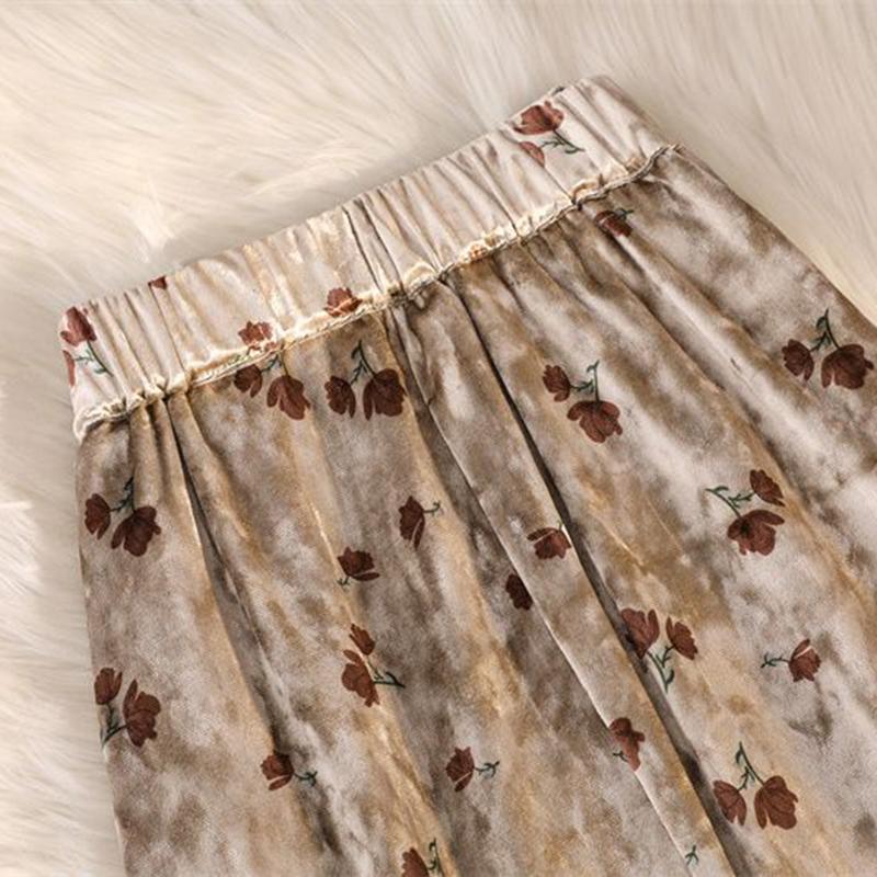 Fusta pe jumatate de toamna si iarna Fusta de dama Retro auriu cu imprimeu din catifea Fusta lunga de dama