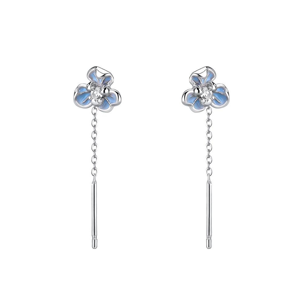 

Drip Glue Blue Iris Flower Earrings Women s 999 Sterling Silverr Korean Version Fashionable Zircon Ear Line Tassel Earrings