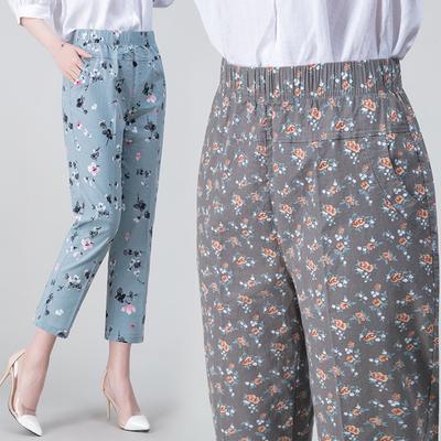 Spring and Summer Elastic Floral Trousers Straight High Waist Comfortable Casual Plus Fat Increase Women's Trousers