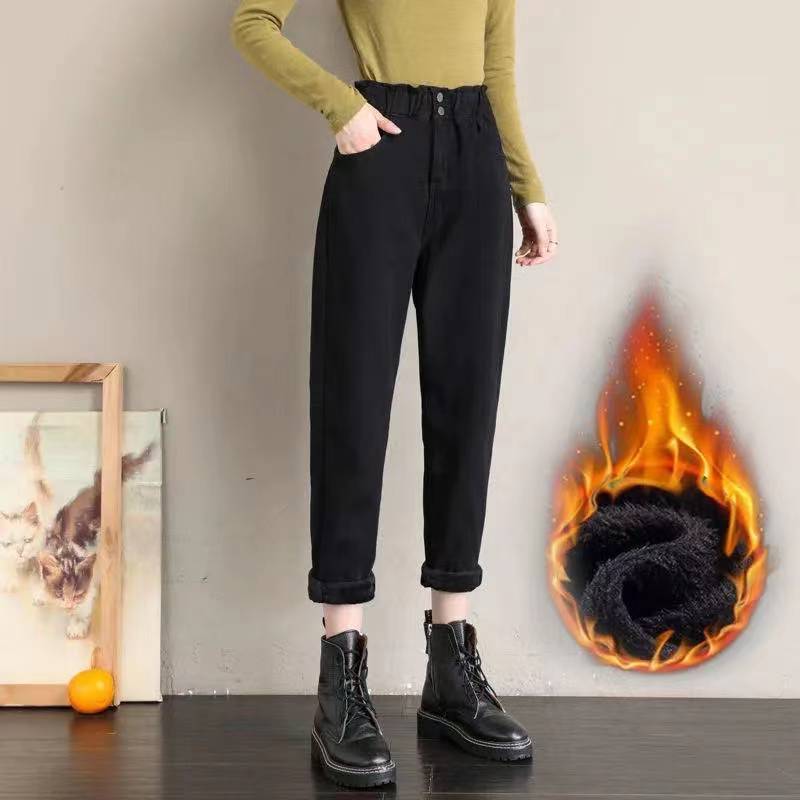 Women Winter Plush Baggy Ankle-length Jeans Velvet Lined High Waist Harem Denim Pants Vaqueros Pantalones Warm Thick Jeans