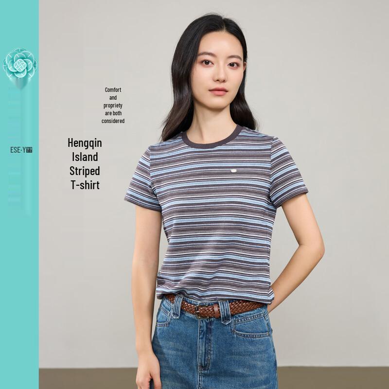 ESE-Y Women's Striped Color-Block Round Neck T-Shirt