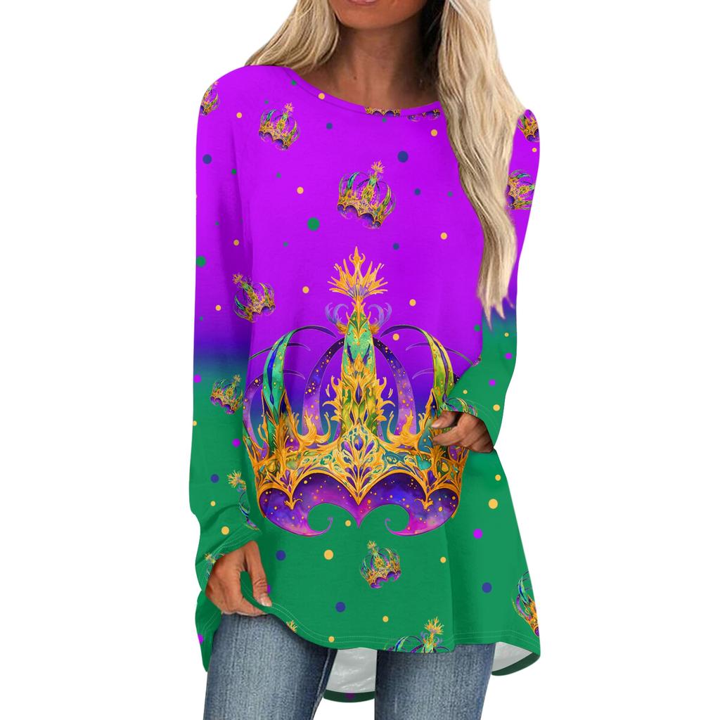 Women's Fashionable Round Neck Raglan Long Sleeved Carnival Printed Casual Pullover Top