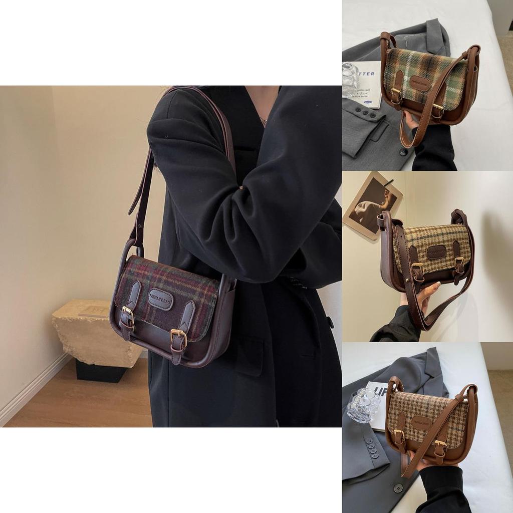 2024 Winter New Plaid Cloth Bag Fashion Casual Shoulder Bag Commuter Simple Crossbody Bag Retro Women's Bag Red Plaid Coffee