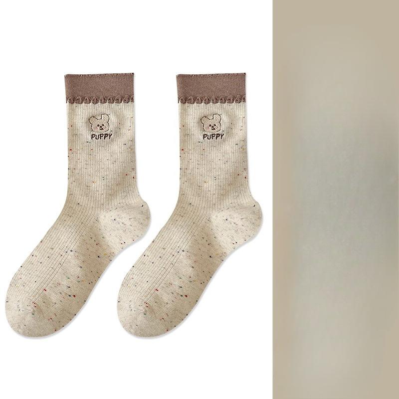 Cute Socks for Women, Mid-calf Socks, Cotton Dot Yarn, Autumn and Winter Style, Little Bear Cartoon Dot Socks