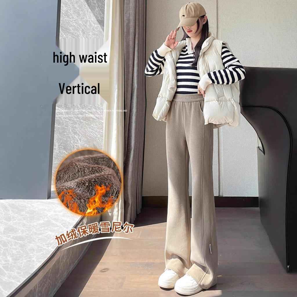 Chenille Fleece-Lined Bell Bottom Pants for Plus-Size Women - Autumn/Winter Lambswool Cotton Micro-Flare Warm Pants