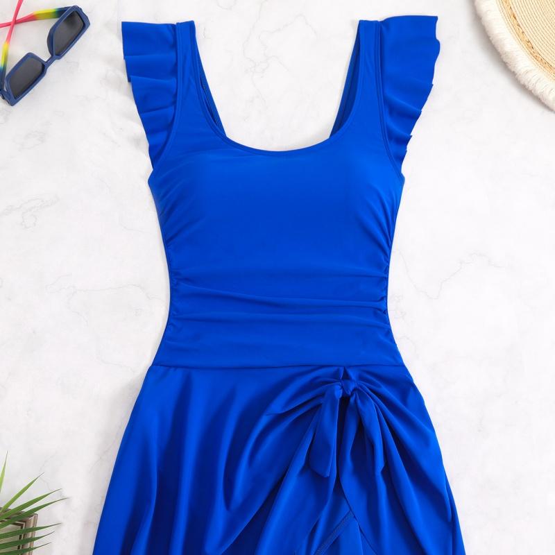 2025 Ruffle Sleeve One Piece U Neck Swimsuit Women Solid Beach Dress Swimwear Female Bathers Swimming Bathing Bodysuit Summer