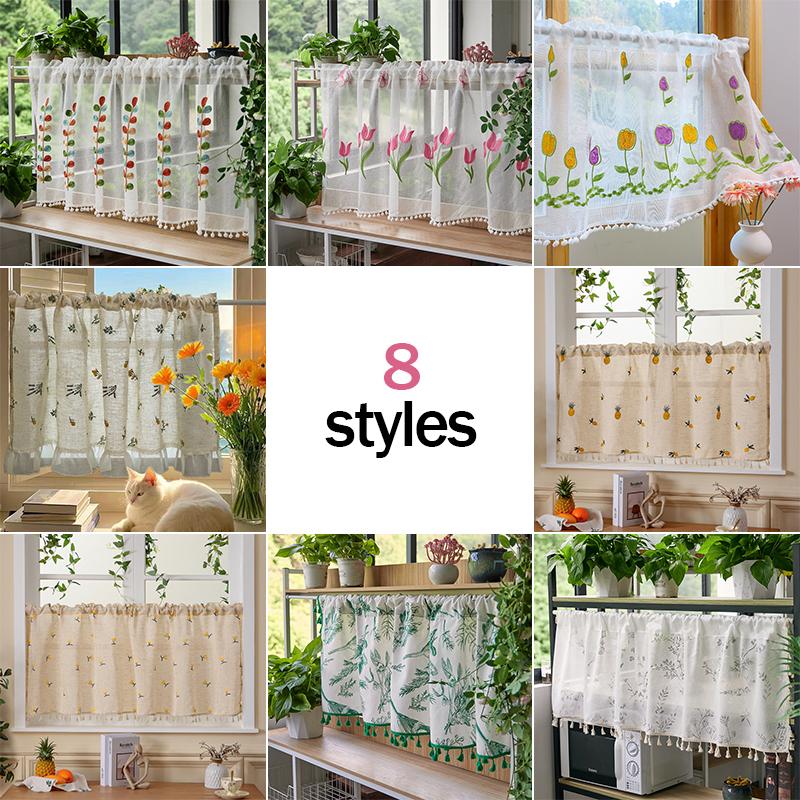Embroidered Window Valance Sheer Curtain Pastoral Tulle Voile Chiffon Coffee Curtain Living Room Kitchen Decor Partition