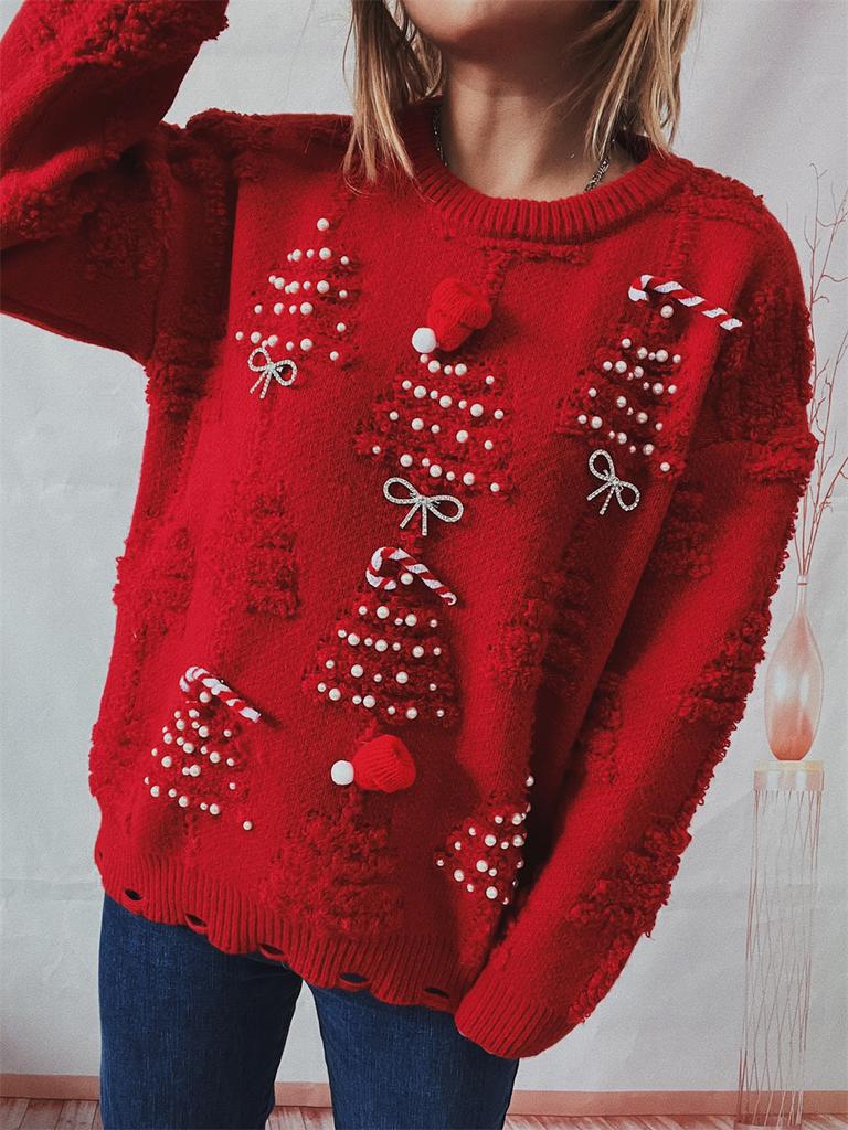 Handmade pearl Christmas themed sweater with three-dimensional decoration, New Year holiday sweater pullover 3575 KTB