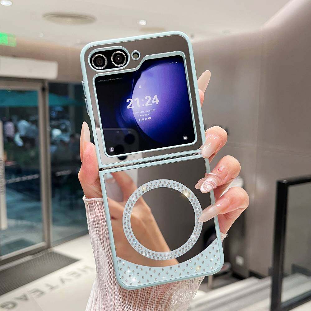 Zrcadlové pouzdro pro Samsung Galaxy Z Flip3/ Flip4/ Flip5/ Flip6 MagSafe magnetické bezdrátové nabíjení Módní make-up bonbónové barvy třpytky kryt na telefon