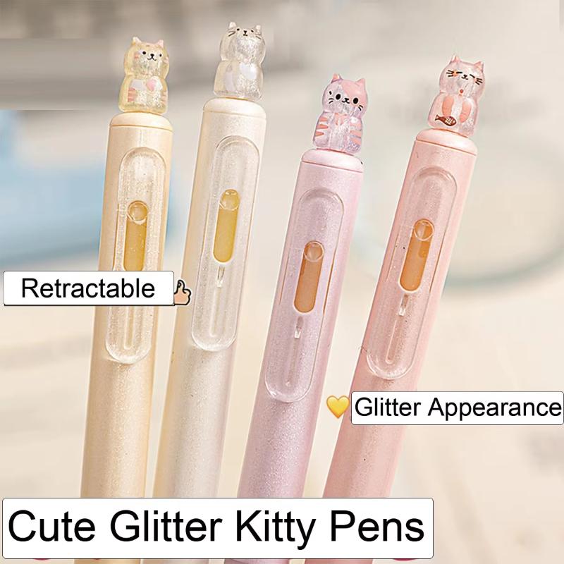 4Pcs Kawaii Cat Retractable Gel Pens 0.5Mm Fine Tip Smooth Writing For Office School Note Taking