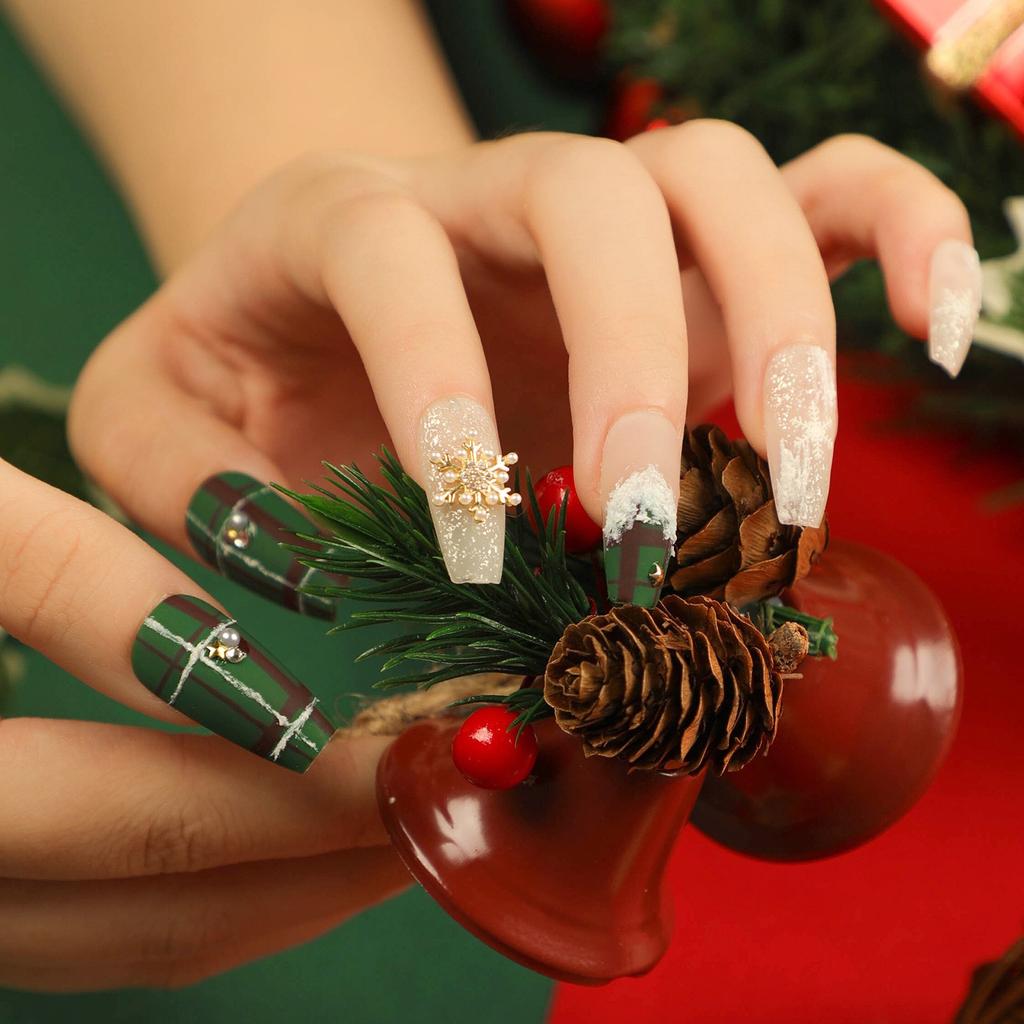 Damen Weihnachts-Atmosphäre Tragbare Nagelspitzen Lang Aufhellend Tragbare Nägel Kleber 2ml