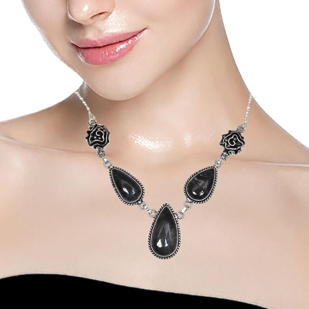 Black Rutile Set Silver Pendant Jewelry Earring 18-20'' Gemstone Handmade