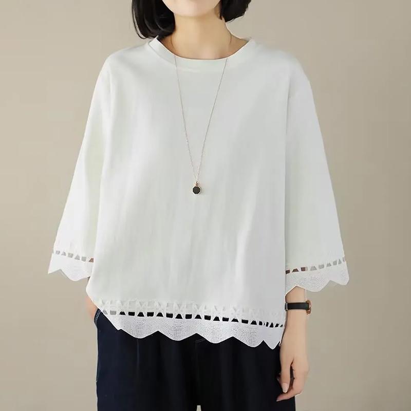 Pullovers Women Three-quarter Sleeves Autumn Winter Cotton Blouse Oversized Comfortable Stretch Solid Color Round Neck Loose Tops