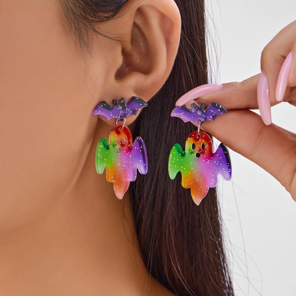 Halloween Bat Pumpkin Ghost Acrylic Earrings With Asymmetrical Animal Design For Festive Wear