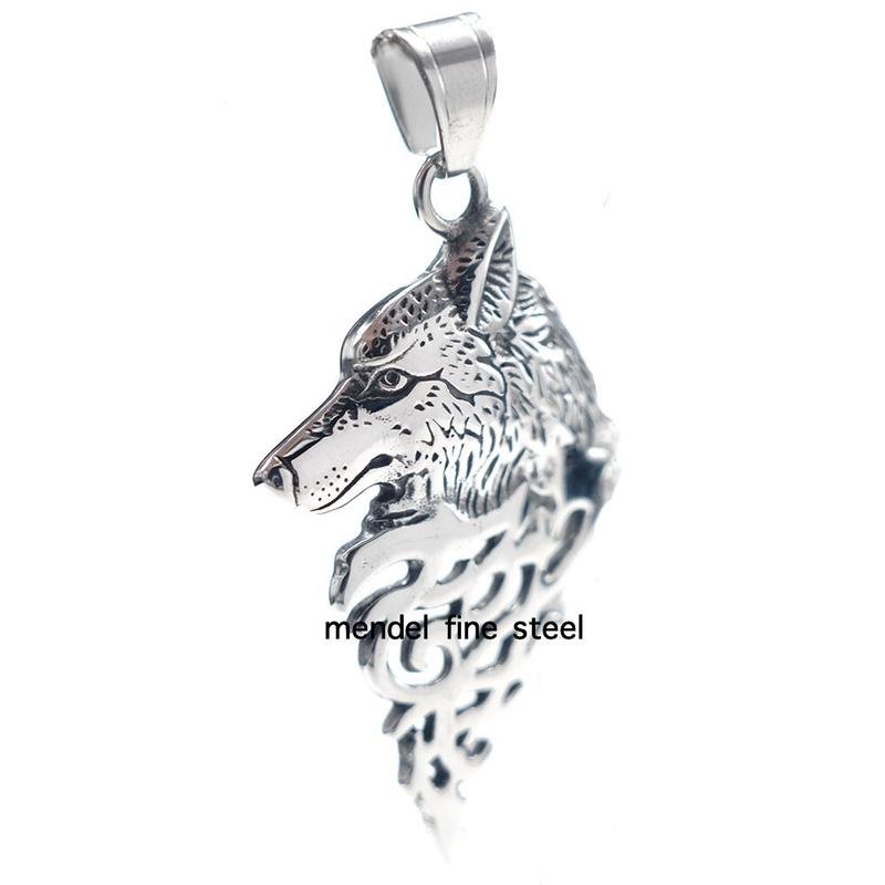 Mens Stainless Steel Viking Fenrir Wolf Head Pendant Necklace Men Silver