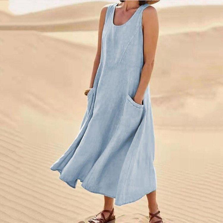 Ladies Summer Cotton Linen Dress European American Style Round Neck Sleeveless Pocket