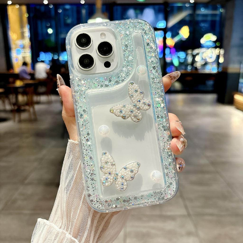 For iPhone 16 Pro Case with Case with Pearl Butterfly Decor Glitter Rhinestone Epoxy Design TPU Phone Cover