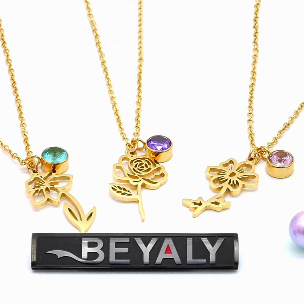 Birth Month Flower Pendant, Rose Flower Necklace Charms Set Stainless Steel