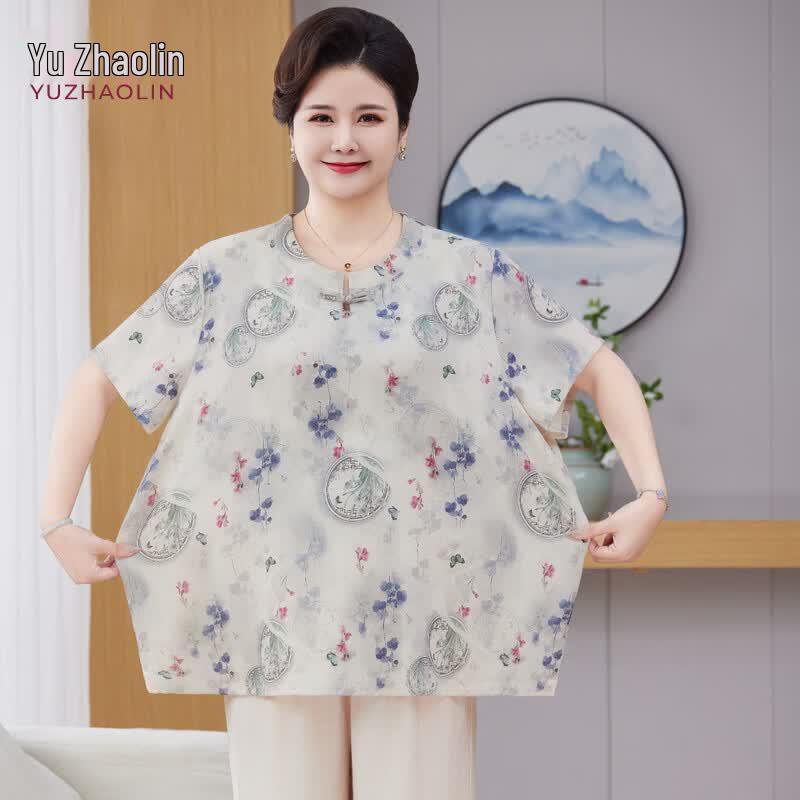 YUZHAOLIN Mid-Aged Women s Summer Plus Size Short Sleeve T-Shirt 4XL
