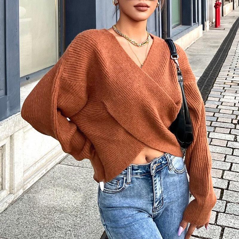 2025 European & American Autumn/Winter V-Neck Crossover Crop Top Pullover Sweater Cardigan