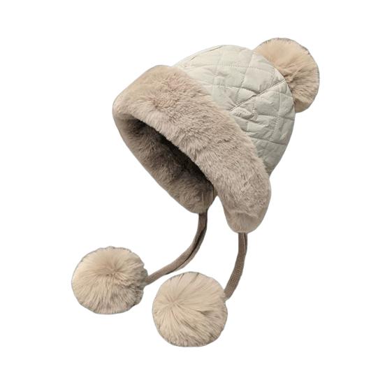 Women Quilted Hat Winter Padded Warm Hat with Cute Pom Pom Ear Protection Fuzzy Hat with Drawstring for Autumn Winter Street Daily Wear