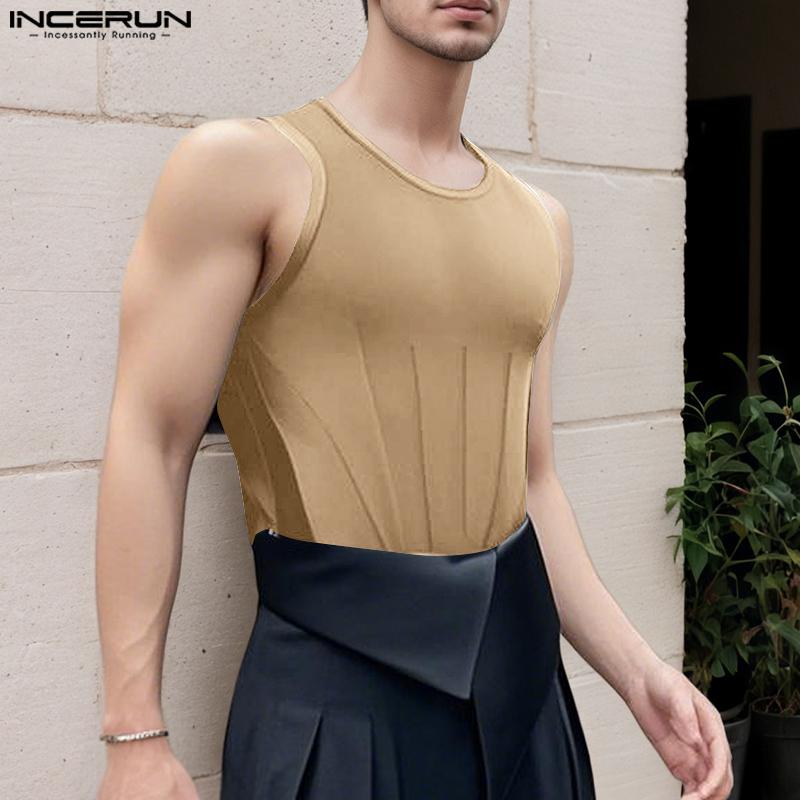 INCERUN Summer Men Round Neck Sleeveless Slim Waist Casual Tank Tops