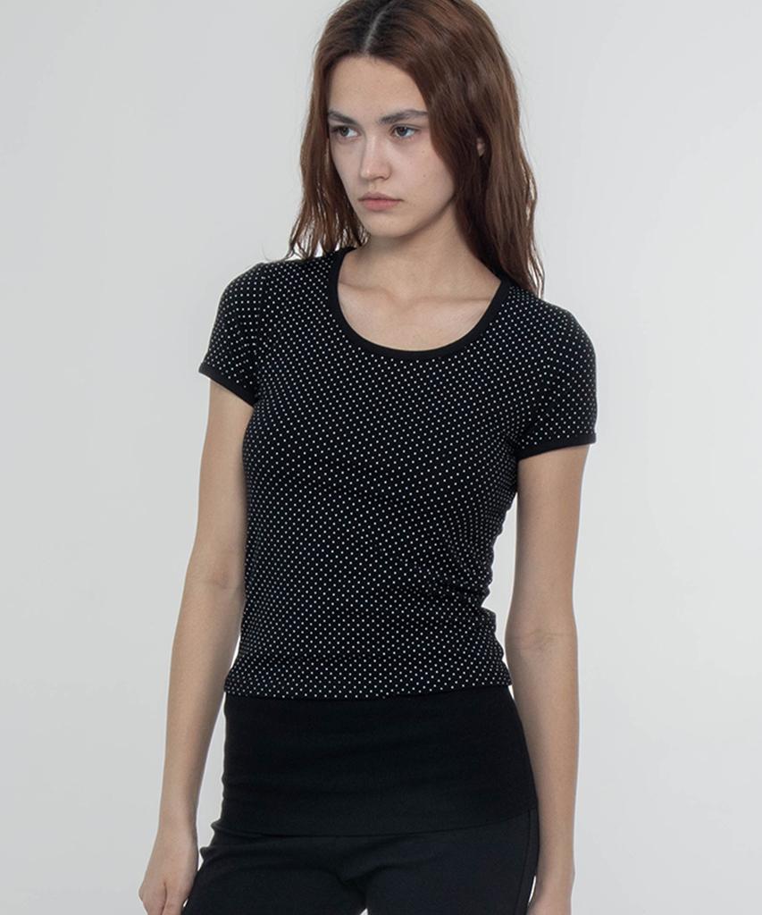 CHICKS Round Neck Cap Sleeve Dot Slim Fit Short Sleeve T-Shirt Black