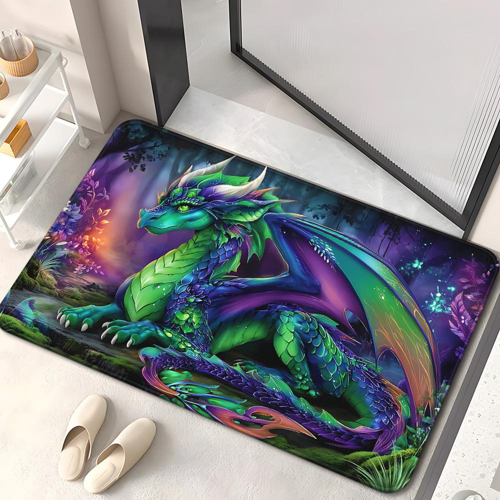 

Green and Purple Dragon Rug - Fantasy Animal Non-Slip Floor Mat for Bedroom - Washable Indoor Outdoor Entryway Carpet Rug 40x60cm