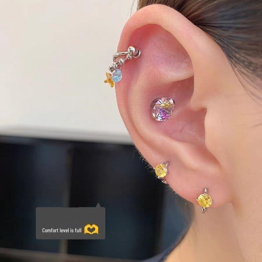 Lucky Star Pendant Cartilage Studs with Colorful Stones - Stylish and Versatile Ear Jewelry