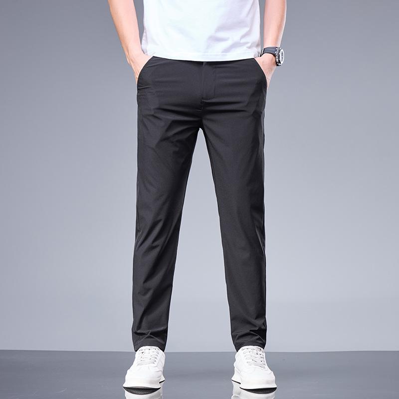 Summer Business Ice Silk Pants Straight Elastic Waist Black Gray Trousers Breathable Simple Male Clothing Casual Suit Pants