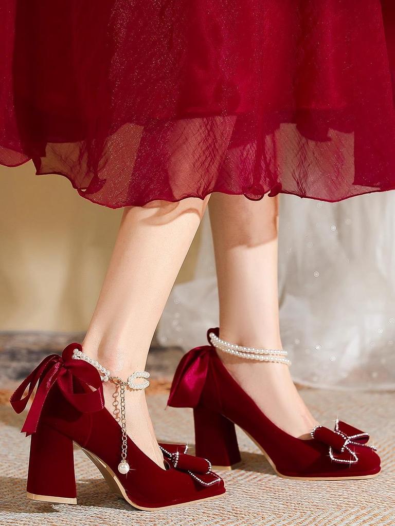 Show He Women's Bridal Mary Jane Red Chunky Heel Shoes for Petite Brides and Pregnant Women, Perfect for Chinese Wedding Toasts