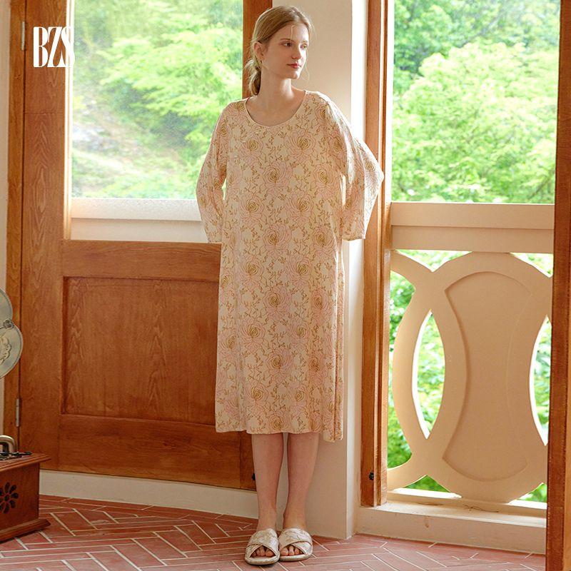 

2024 New Satin Chinese Retro Style Florals Print Elegant Lady Long Sleeves Plaid Chinese Style Home Wear Nightdress Long Sleeve Skirt L [recommend 60.00 kg-67.50 kg]]