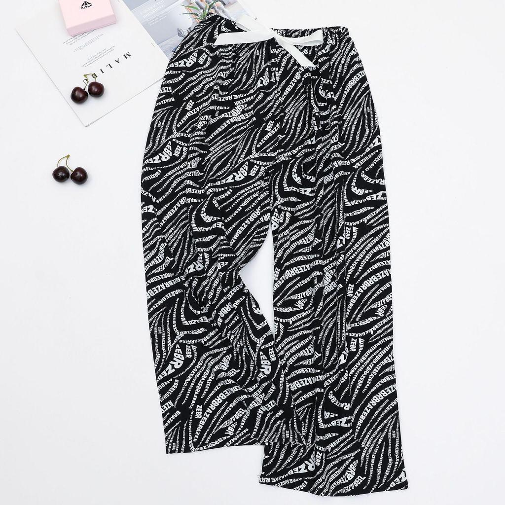 Women's Cotton-Silk Cartoon Pajama Pants, Summer Thin, Black & White Wide-Leg, Plus Size, Outdoor Beach Wear.