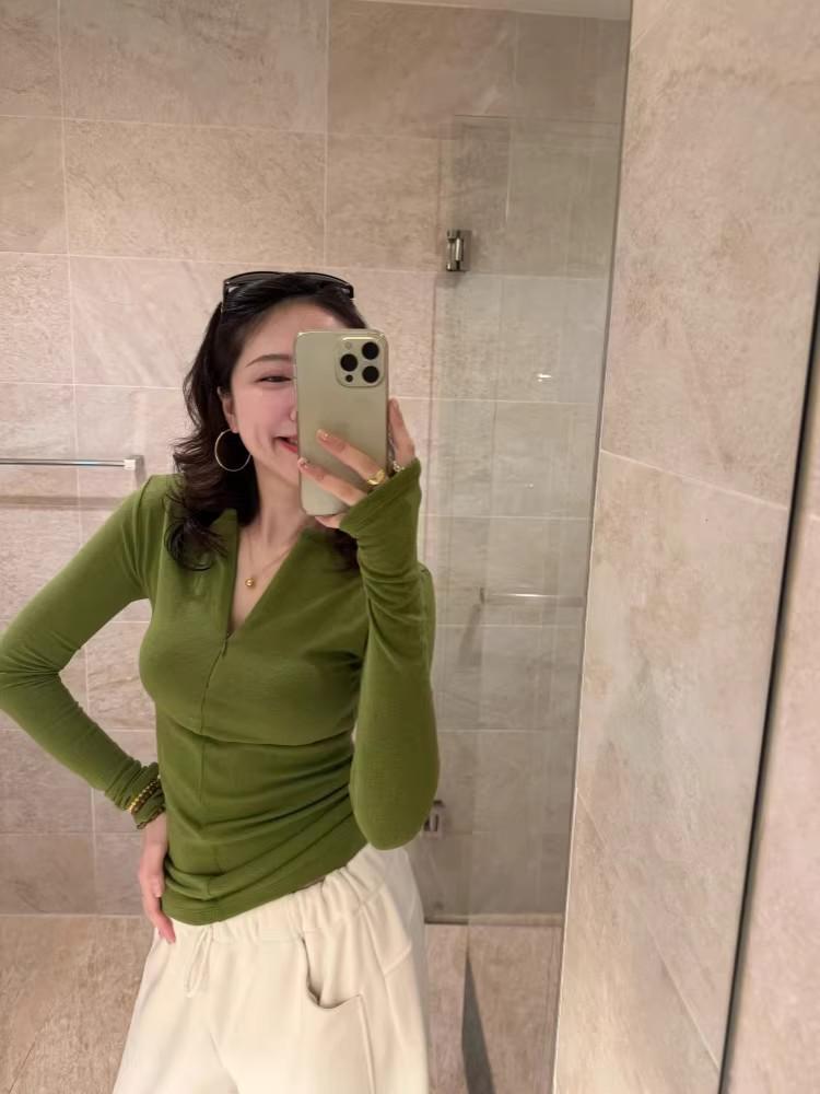 Women's Chic Invisible Half-Zip Long-Sleeve T-Shirt, Green, Thickened for Autumn/Winter.