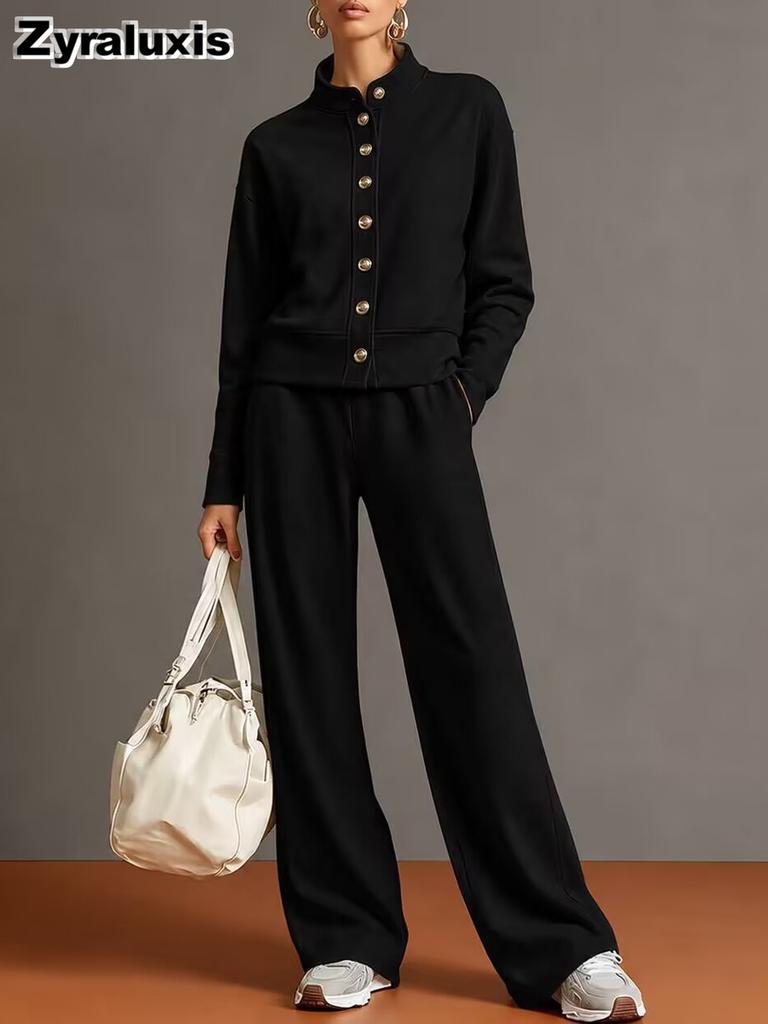 New Women's Solid Crew Neck Cardigan Sweatshirt Wide Leg Pants Set