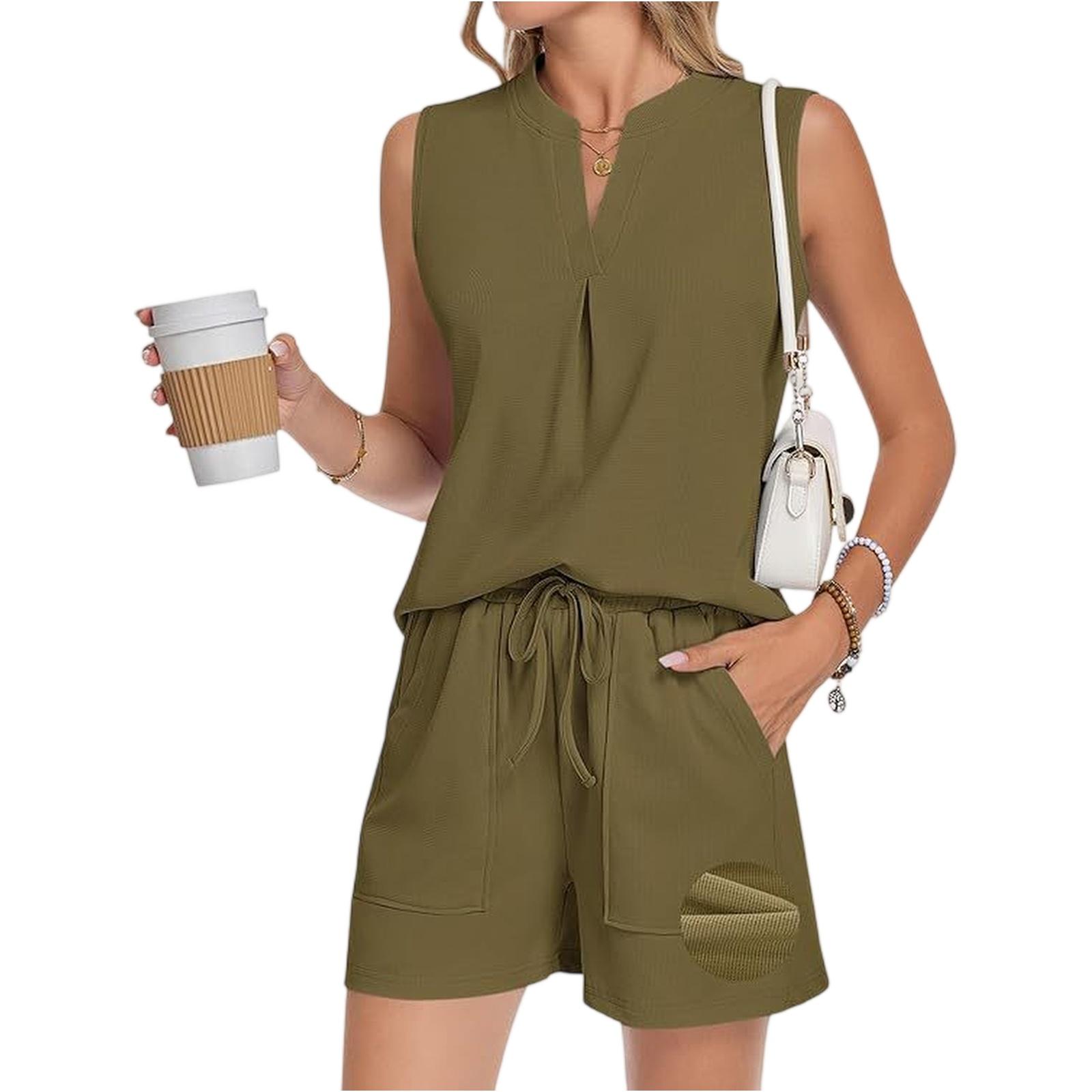 Stylish Women s Two-Piece Summer Casual V-Neck Pleated Sleeveless Shorts Set M