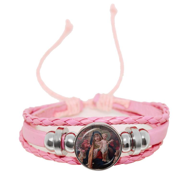 Virgin Mary Baby Jesus Christian Catholicism Jewelry Black Button Leather Bracelet Blessed Mother Religious Glass Cabochon Gift